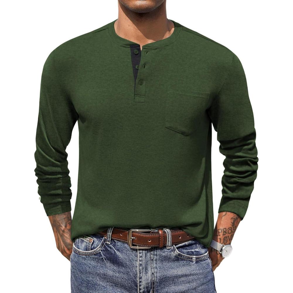 imageCOOFANDY Men Long Sleeve Henley Shirs Casual Basic T Shirts Soild Button Tees with PocketsGreen