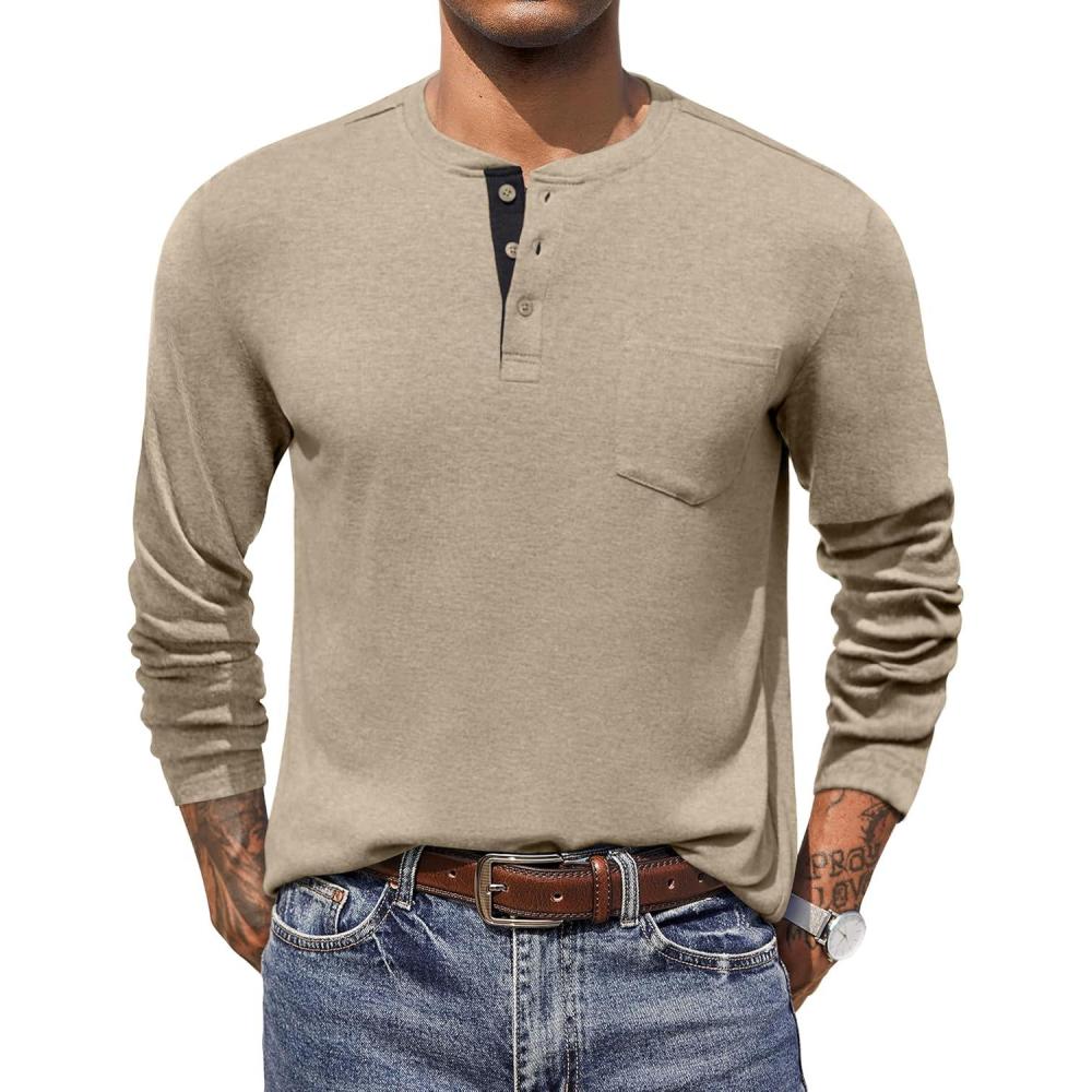 imageCOOFANDY Men Long Sleeve Henley Shirs Casual Basic T Shirts Soild Button Tees with PocketsKhaki