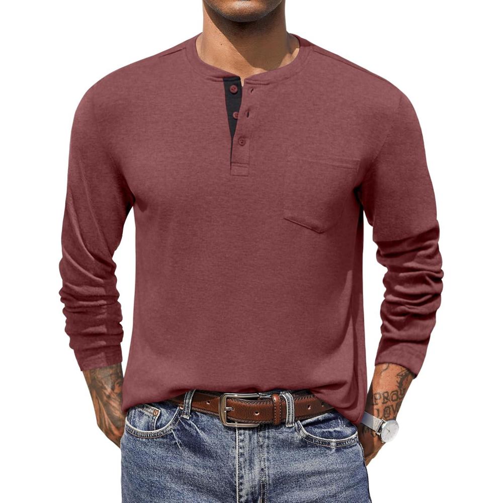 imageCOOFANDY Men Long Sleeve Henley Shirs Casual Basic T Shirts Soild Button Tees with PocketsPurple Red