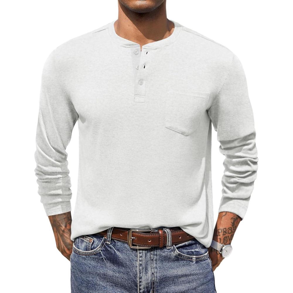imageCOOFANDY Men Long Sleeve Henley Shirs Casual Basic T Shirts Soild Button Tees with PocketsWhite