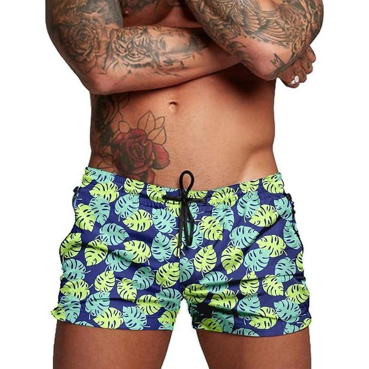 imageCOOFANDY Men Swim Trunk with Compression Liner 2 in 1 Swimwear Bathing Suit Quick Dry Board ShortGreen Monstera