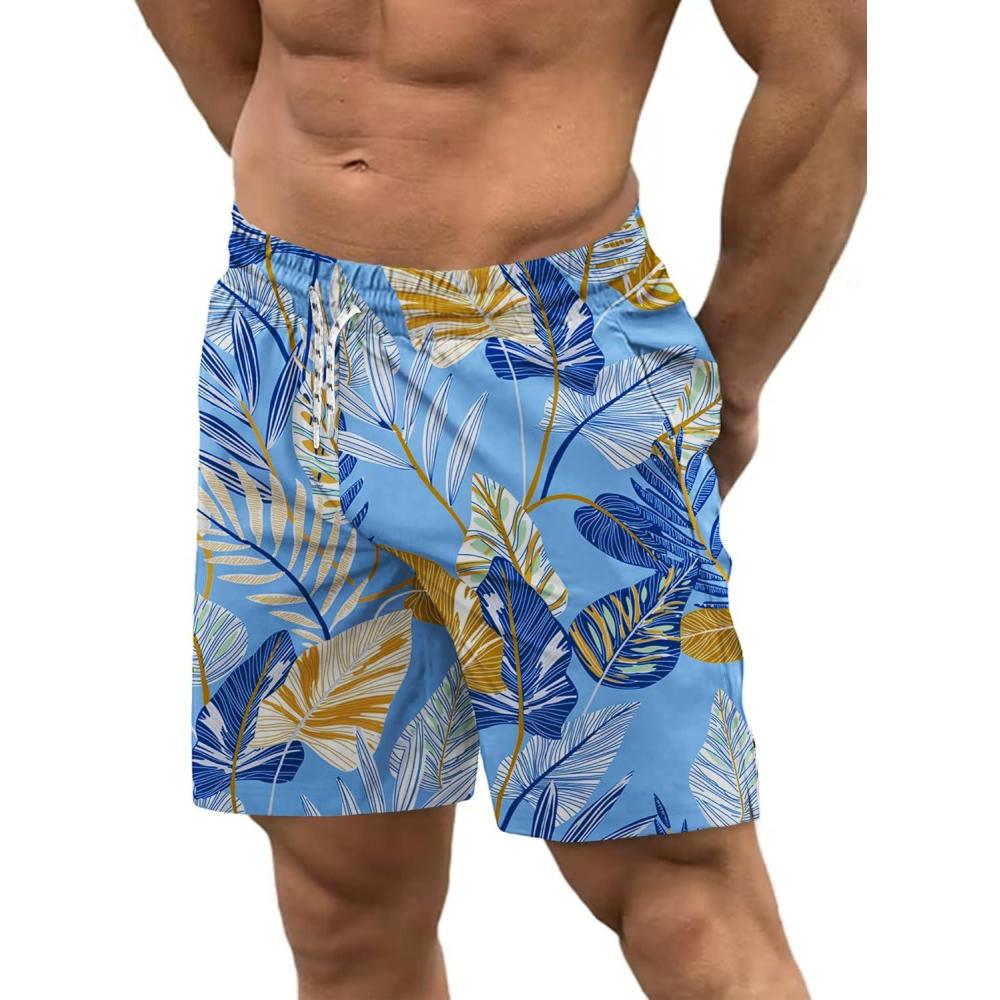 imageCOOFANDY Men Swim Trunk with Compression Liner 2 in 1 Swimwear Bathing Suit Quick Dry Board ShortP Light Blue Leaves