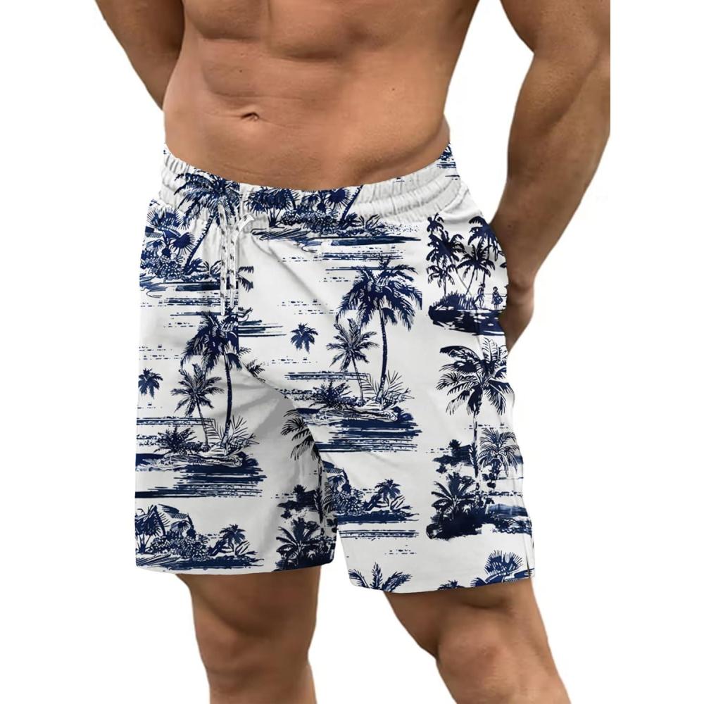 imageCOOFANDY Men Swim Trunk with Compression Liner 2 in 1 Swimwear Bathing Suit Quick Dry Board ShortP Navy Blue Coconut Tree
