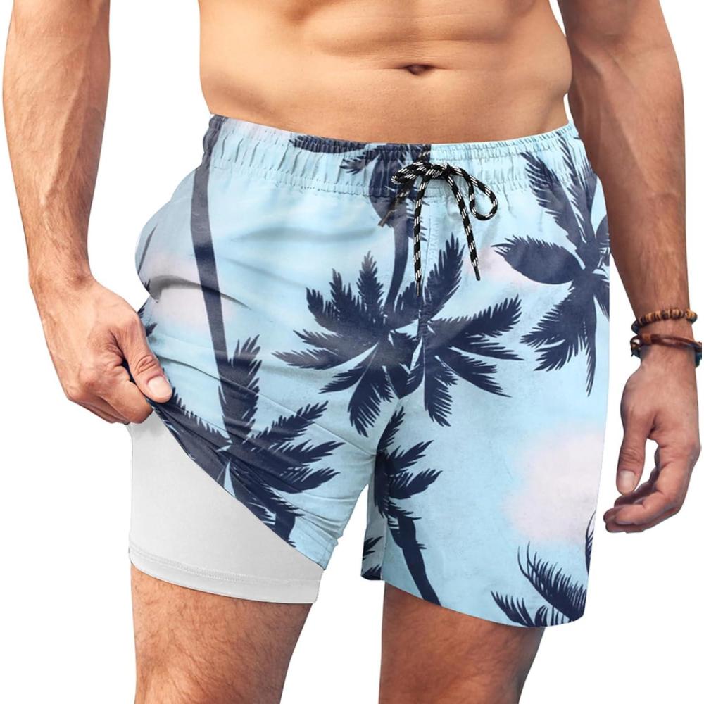 imageCOOFANDY Men Swim Trunk with Compression Liner 2 in 1 Swimwear Bathing Suit Quick Dry Board ShortP Palm Tree