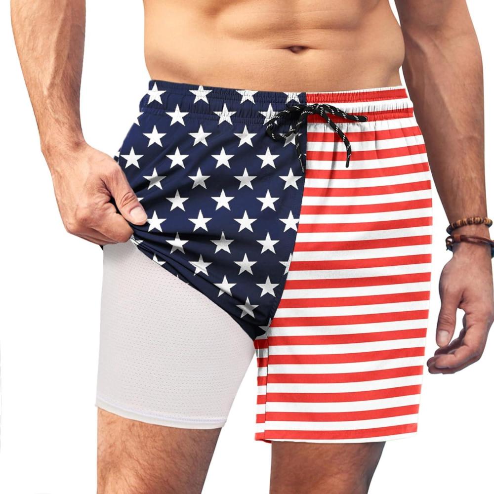 imageCOOFANDY Men Swim Trunk with Compression Liner 2 in 1 Swimwear Bathing Suit Quick Dry Board ShortPrint American Flag 2