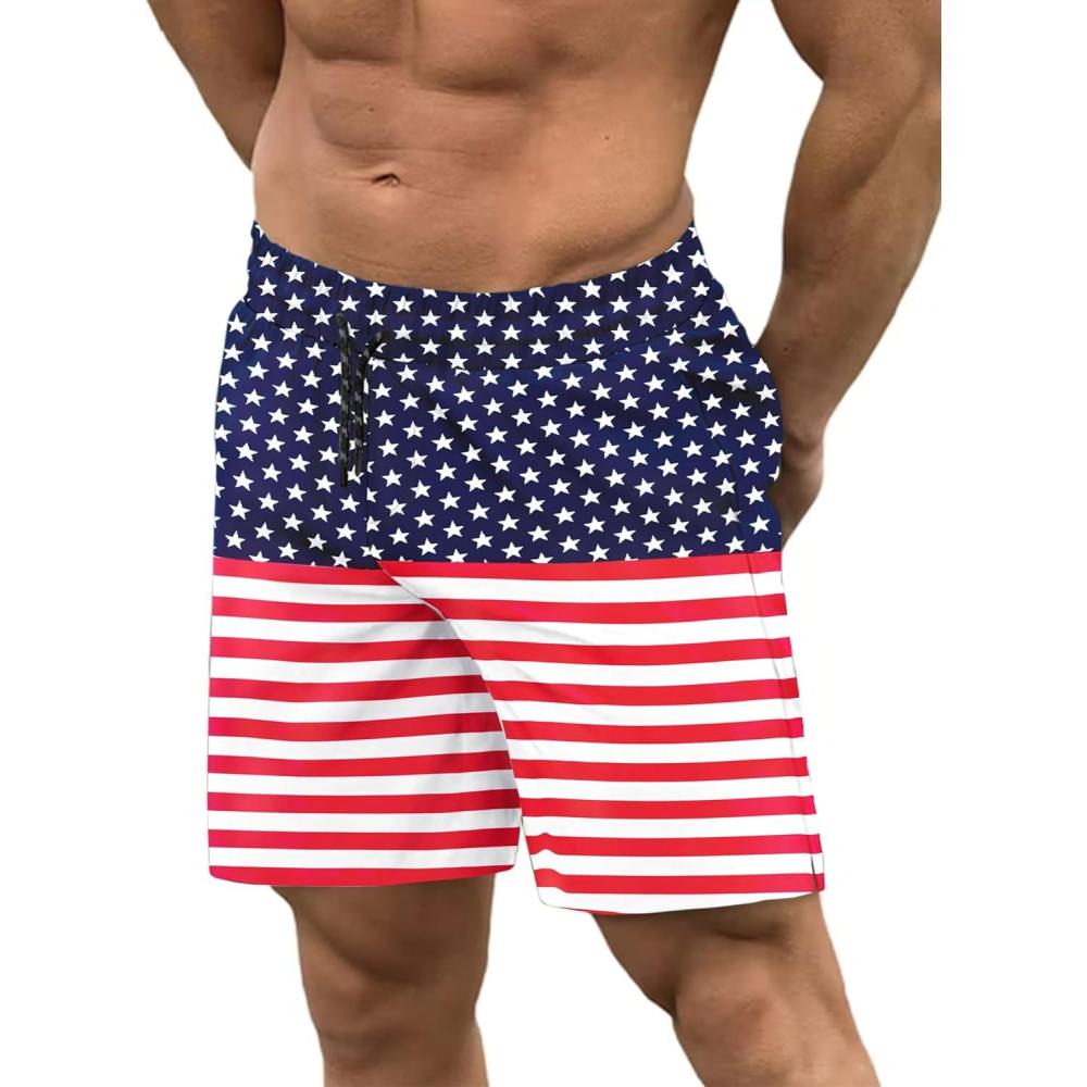 imageCOOFANDY Men Swim Trunk with Compression Liner 2 in 1 Swimwear Bathing Suit Quick Dry Board ShortPrint American Flag