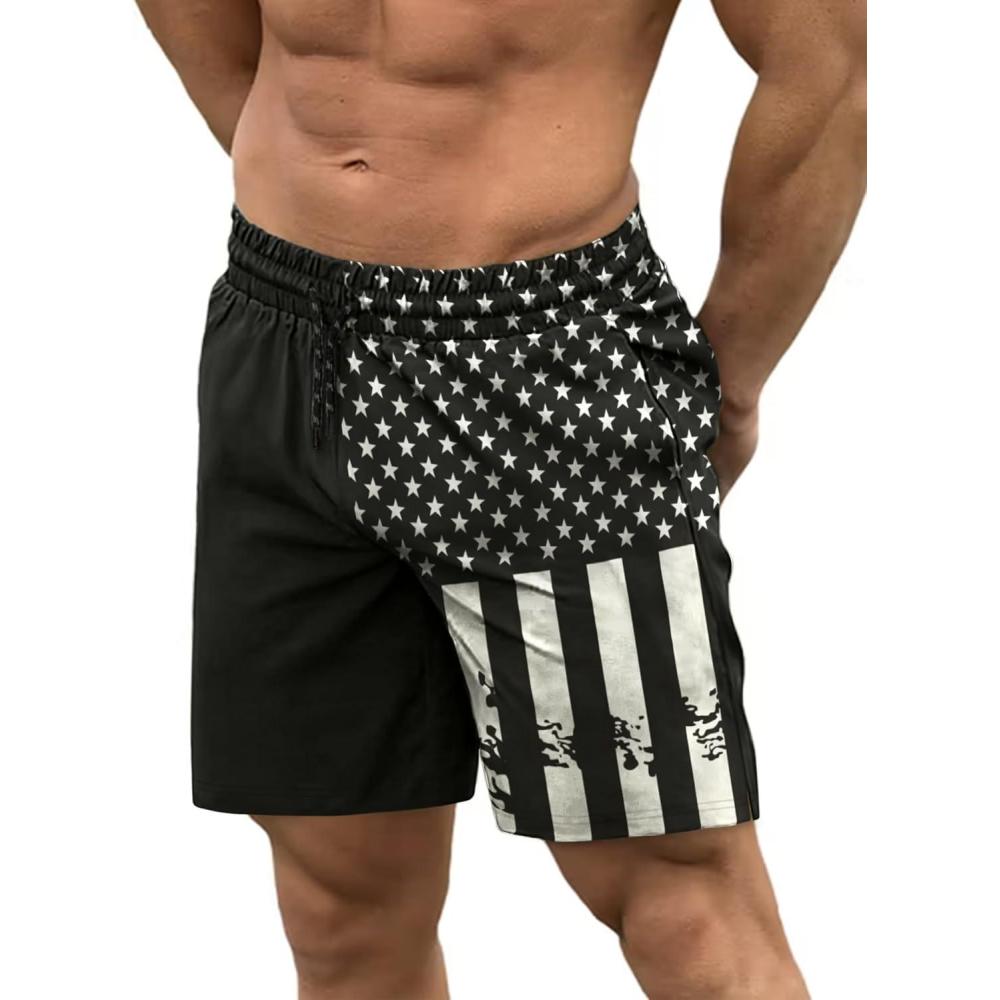 imageCOOFANDY Men Swim Trunk with Compression Liner 2 in 1 Swimwear Bathing Suit Quick Dry Board ShortPrint Black American Flag