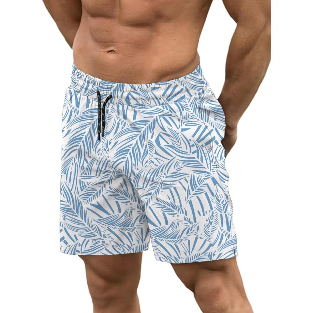 imageCOOFANDY Men Swim Trunk with Compression Liner 2 in 1 Swimwear Bathing Suit Quick Dry Board ShortPrint Blue Plam Leaf