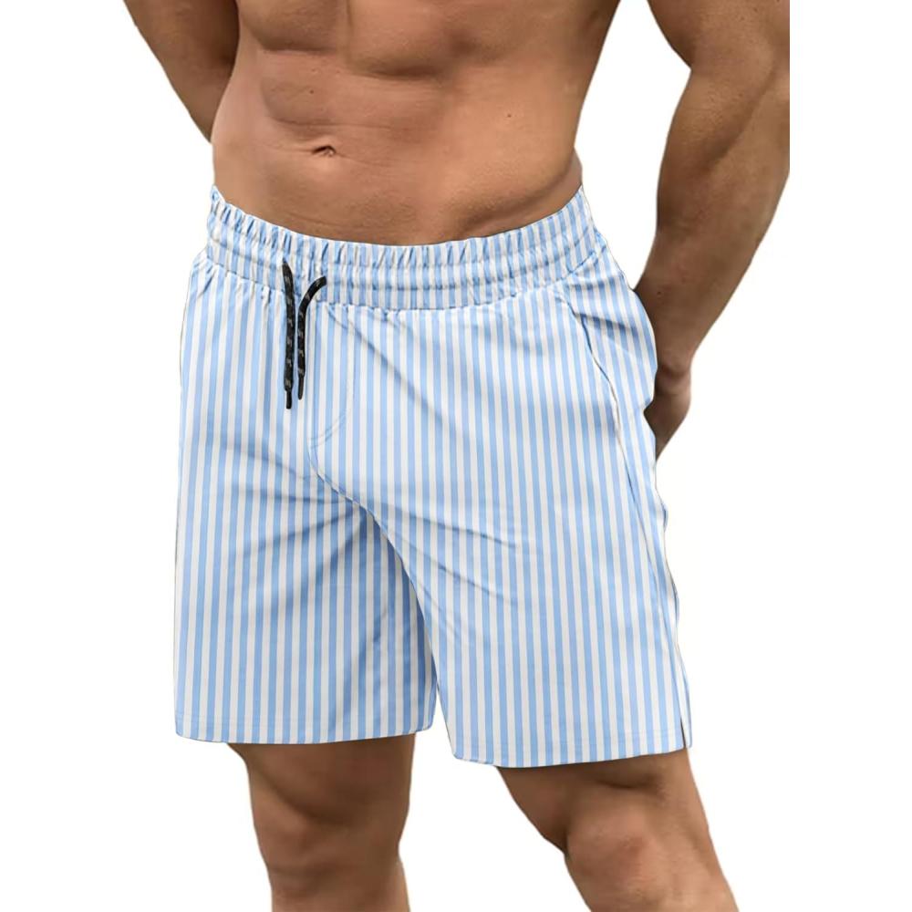 imageCOOFANDY Men Swim Trunk with Compression Liner 2 in 1 Swimwear Bathing Suit Quick Dry Board ShortPrint Blue Stripe