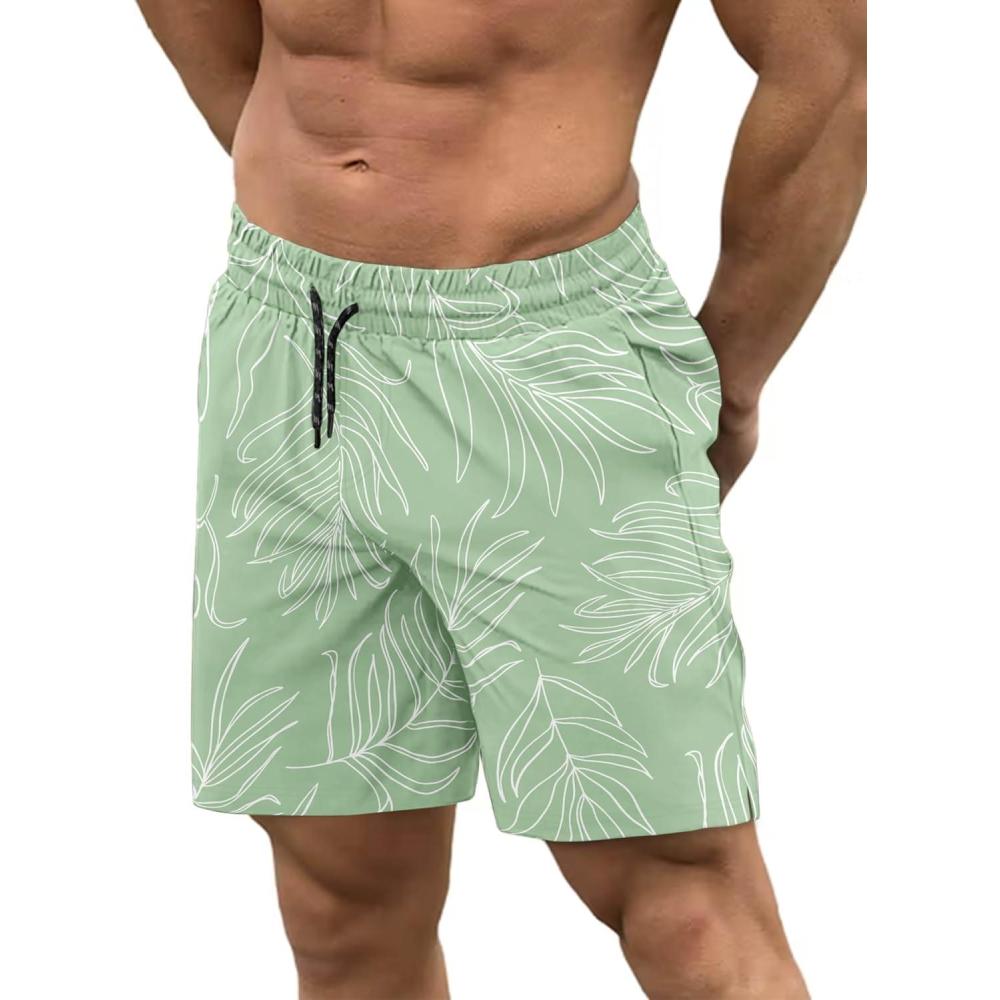 imageCOOFANDY Men Swim Trunk with Compression Liner 2 in 1 Swimwear Bathing Suit Quick Dry Board ShortPrint Green Leaves