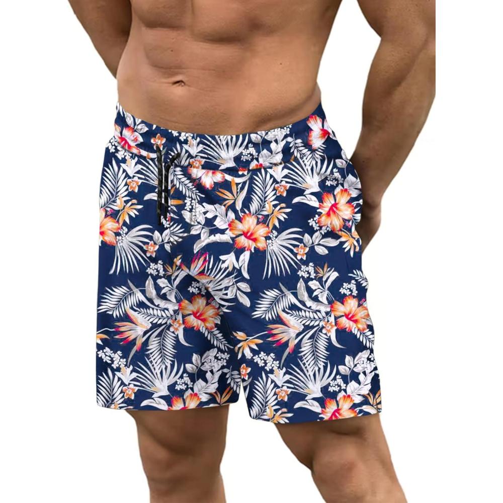 imageCOOFANDY Men Swim Trunk with Compression Liner 2 in 1 Swimwear Bathing Suit Quick Dry Board ShortPrint Navy Blue Flowers