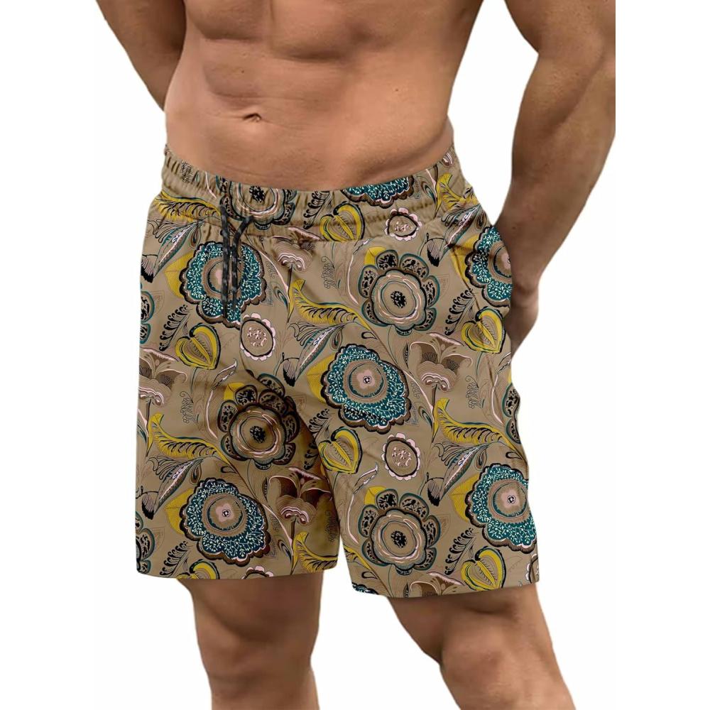 imageCOOFANDY Men Swim Trunk with Compression Liner 2 in 1 Swimwear Bathing Suit Quick Dry Board ShortPrint Painted Floral