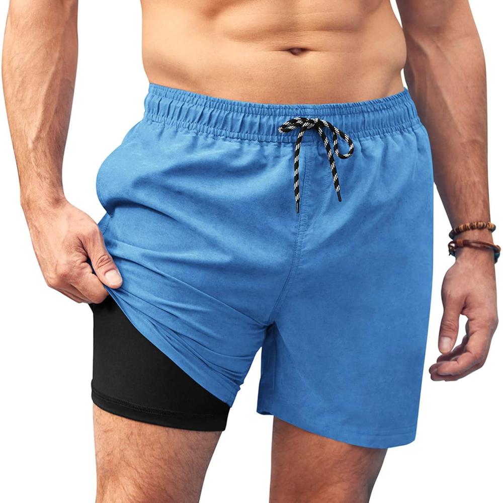 imageCOOFANDY Men Swim Trunk with Compression Liner 2 in 1 Swimwear Bathing Suit Quick Dry Board ShortZ Blue