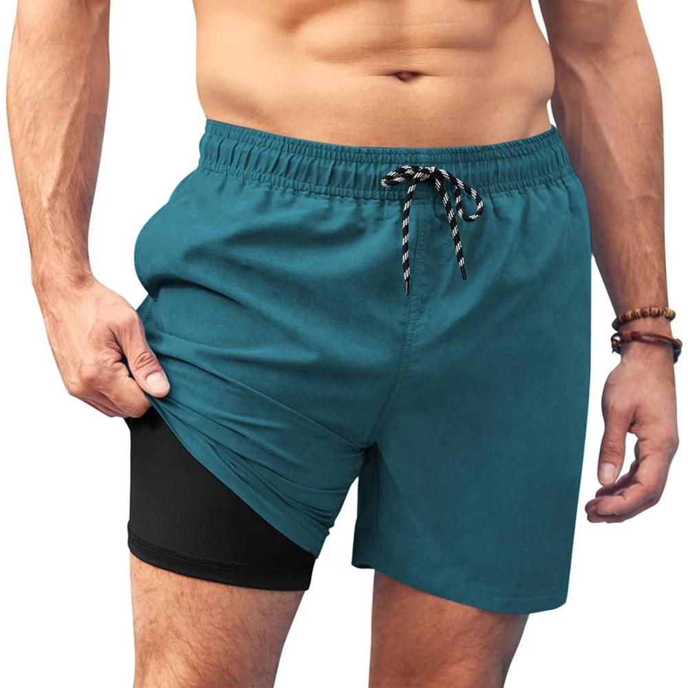 imageCOOFANDY Men Swim Trunk with Compression Liner 2 in 1 Swimwear Bathing Suit Quick Dry Board ShortZ Bluegreen