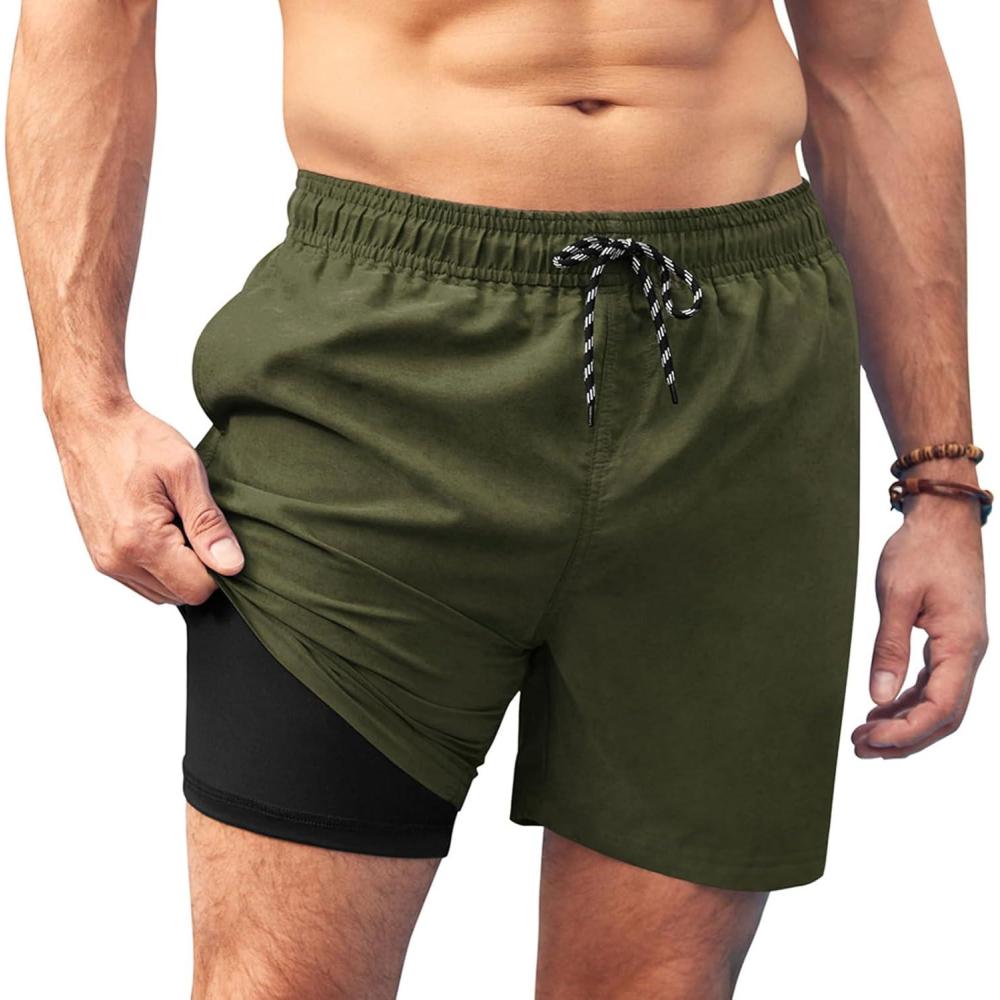 imageCOOFANDY Men Swim Trunk with Compression Liner 2 in 1 Swimwear Bathing Suit Quick Dry Board ShortZ Deep Army Green