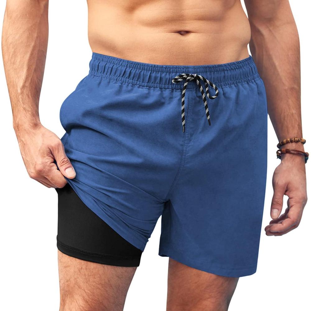 imageCOOFANDY Men Swim Trunk with Compression Liner 2 in 1 Swimwear Bathing Suit Quick Dry Board ShortZ Deep Blue