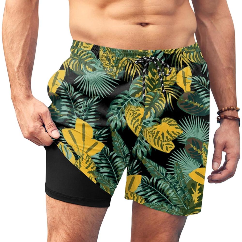 imageCOOFANDY Men Swim Trunk with Compression Liner 2 in 1 Swimwear Bathing Suit Quick Dry Board ShortZ Print Yellow Leaf