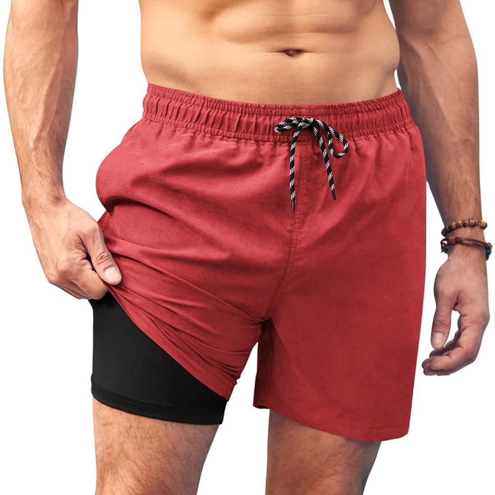 imageCOOFANDY Men Swim Trunk with Compression Liner 2 in 1 Swimwear Bathing Suit Quick Dry Board ShortZ Wine Red