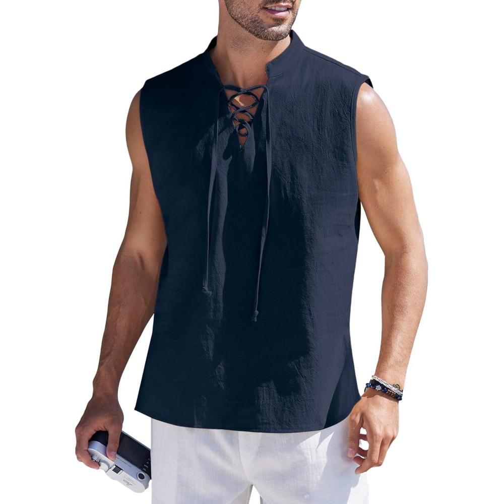 imageCOOFANDY Men Tank Top Cotton Linen Beach Sleeveless Shirt Lace Up Bohemian Hippie Renaissance Pirate Kilt Medieval TunicBlue