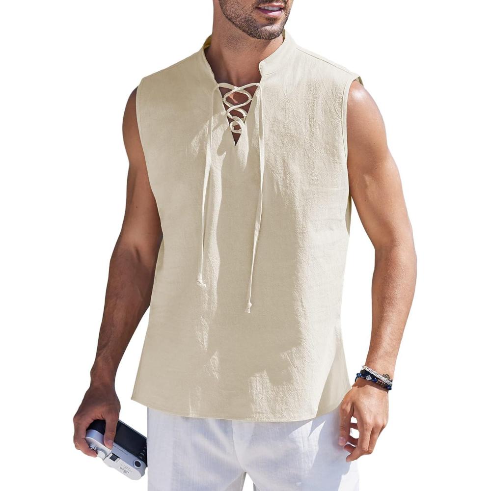 imageCOOFANDY Men Tank Top Cotton Linen Beach Sleeveless Shirt Lace Up Bohemian Hippie Renaissance Pirate Kilt Medieval TunicCream