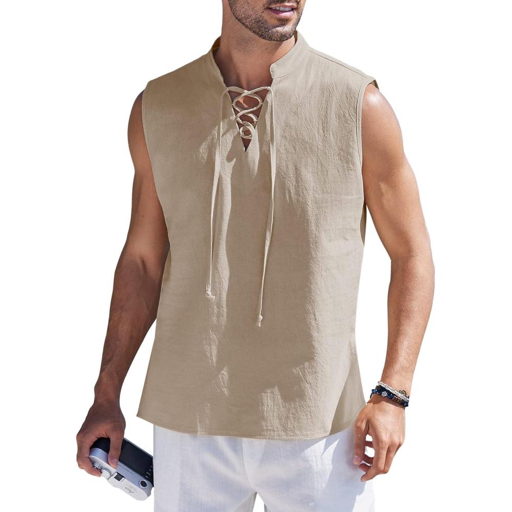 imageCOOFANDY Men Tank Top Cotton Linen Beach Sleeveless Shirt Lace Up Bohemian Hippie Renaissance Pirate Kilt Medieval TunicKhaki