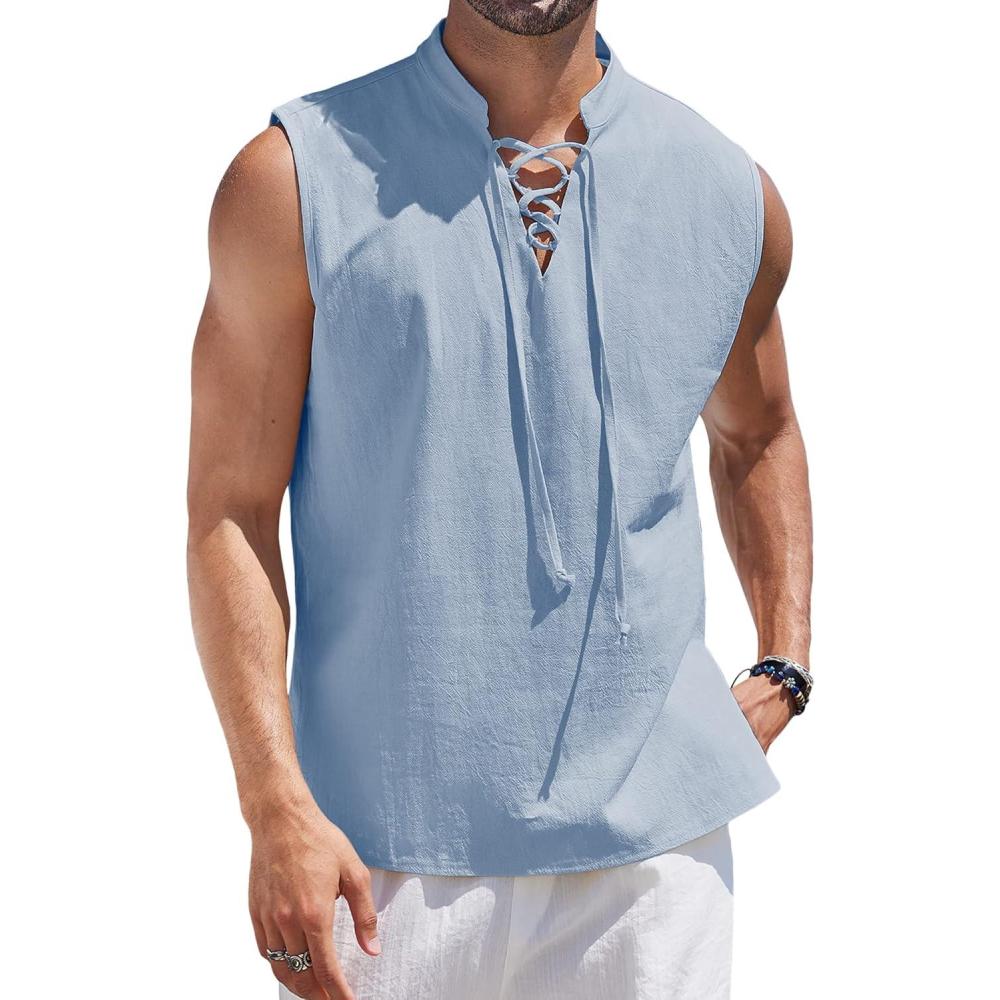 imageCOOFANDY Men Tank Top Cotton Linen Beach Sleeveless Shirt Lace Up Bohemian Hippie Renaissance Pirate Kilt Medieval TunicSky Blue