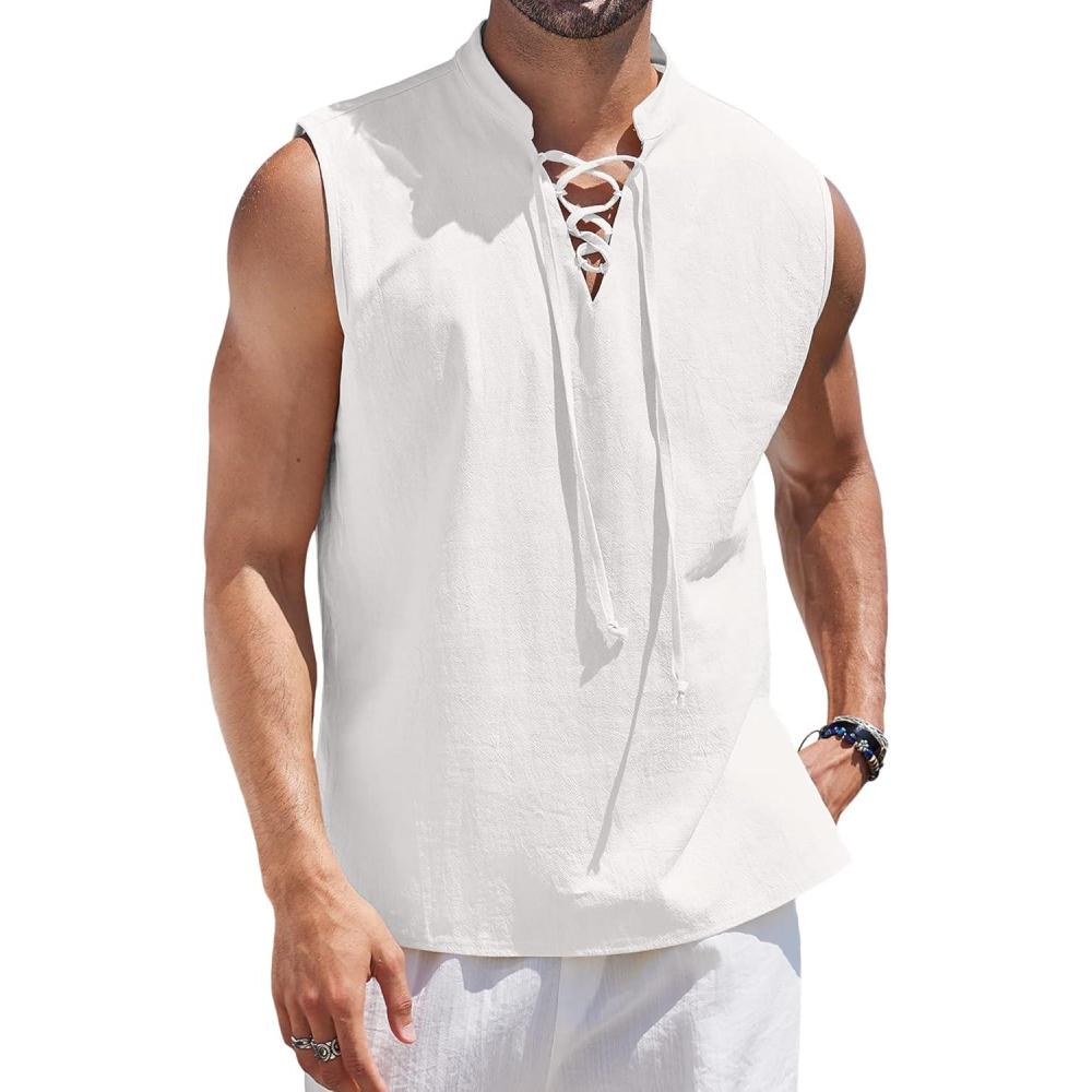 imageCOOFANDY Men Tank Top Cotton Linen Beach Sleeveless Shirt Lace Up Bohemian Hippie Renaissance Pirate Kilt Medieval TunicWhite