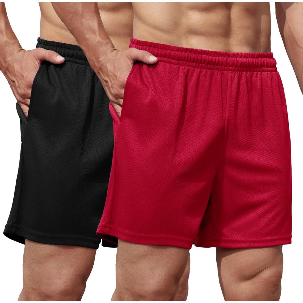 imageCOOFANDY Mens 2 Pack Gym Workout Shorts 5 Inch Mesh Athletic Shorts Quick Dry Running Shorts with PocketsBlack Deep Red