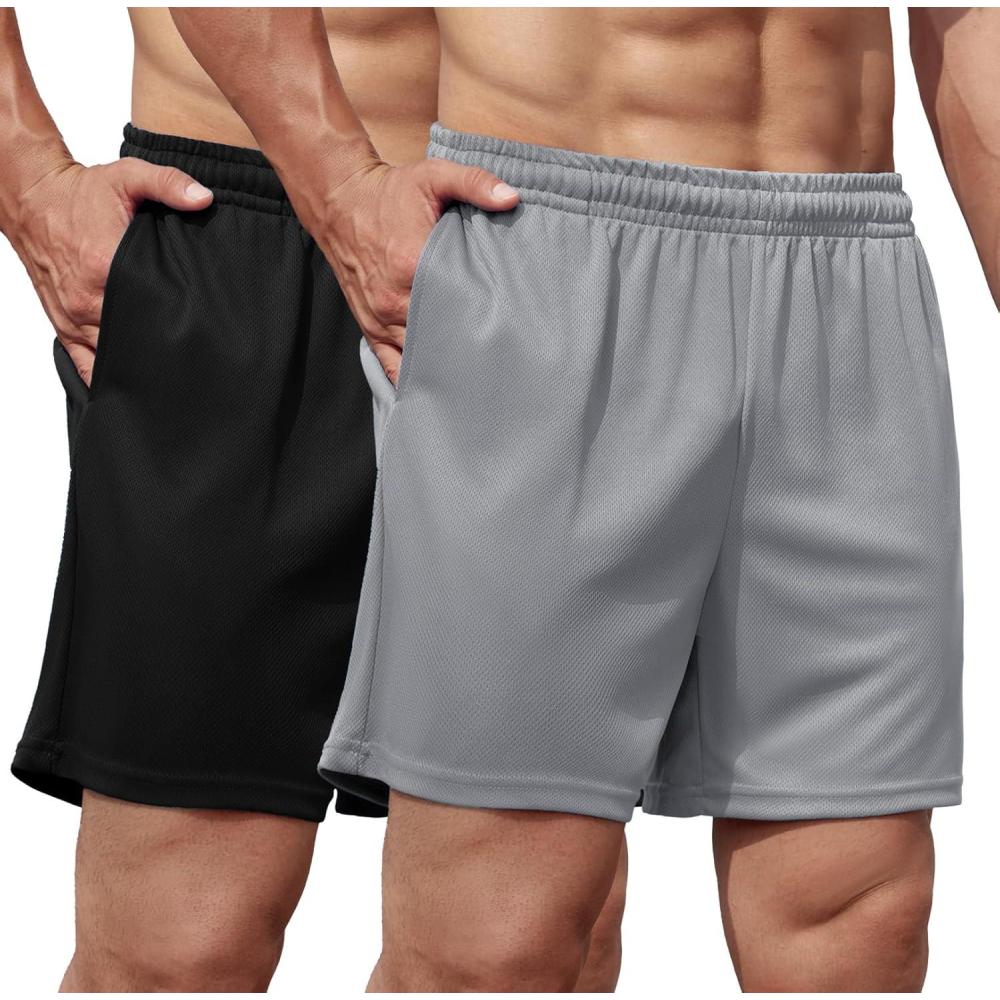imageCOOFANDY Mens 2 Pack Gym Workout Shorts 5 Inch Mesh Athletic Shorts Quick Dry Running Shorts with PocketsBlack Light Grey