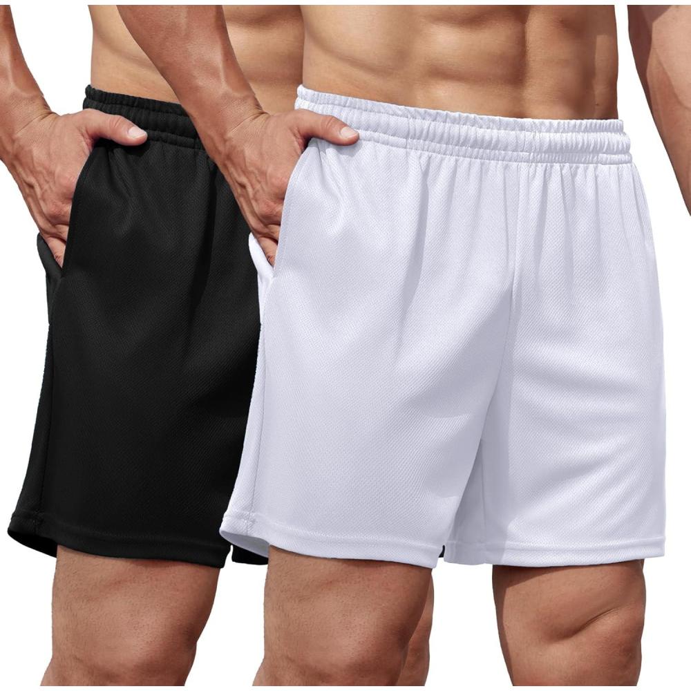 imageCOOFANDY Mens 2 Pack Gym Workout Shorts 5 Inch Mesh Athletic Shorts Quick Dry Running Shorts with PocketsBlack  Offwhite