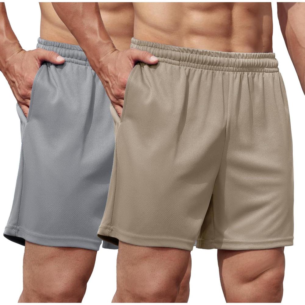 imageCOOFANDY Mens 2 Pack Gym Workout Shorts 5 Inch Mesh Athletic Shorts Quick Dry Running Shorts with PocketsLight Grey Khaki