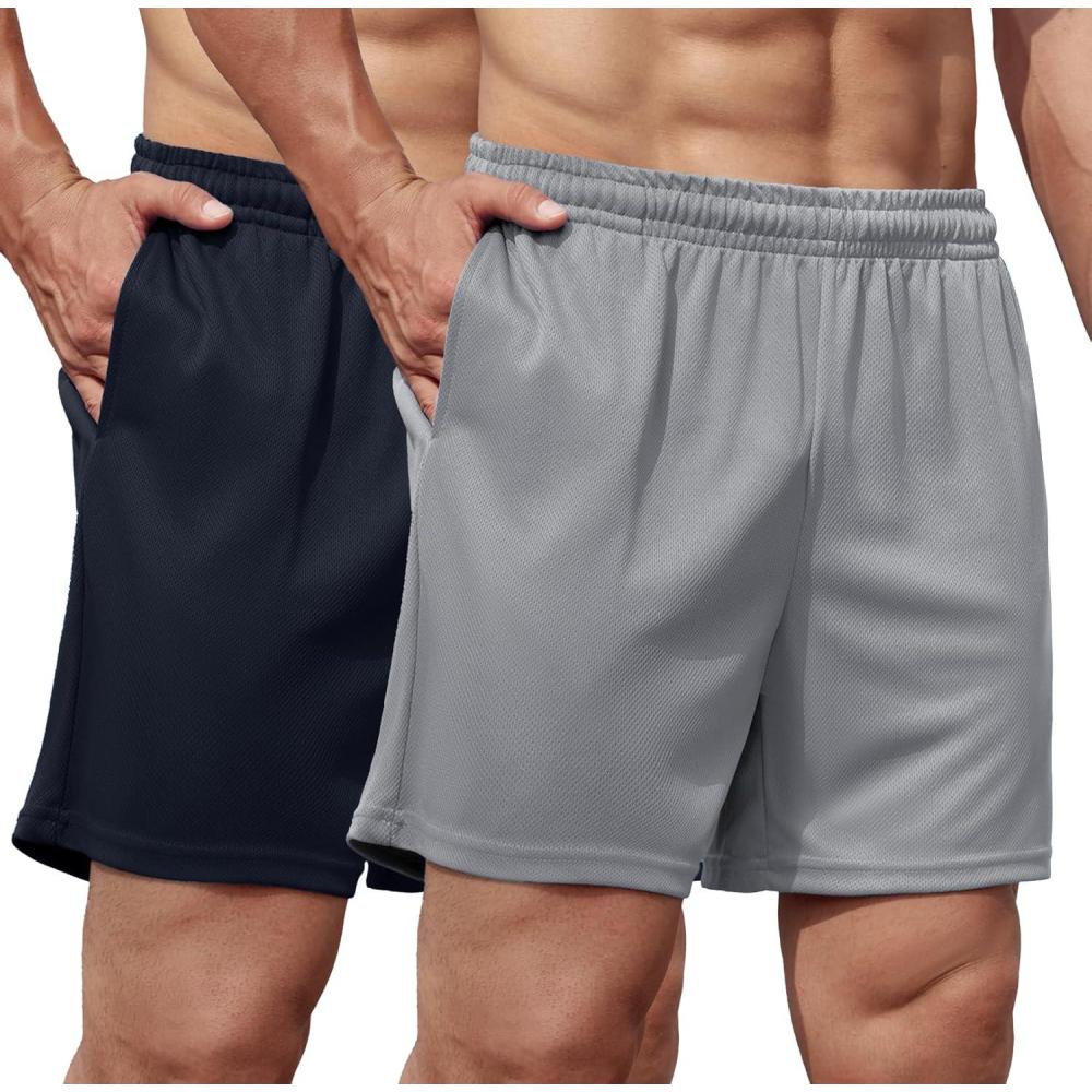 imageCOOFANDY Mens 2 Pack Gym Workout Shorts 5 Inch Mesh Athletic Shorts Quick Dry Running Shorts with PocketsLight Grey  Navy Blue