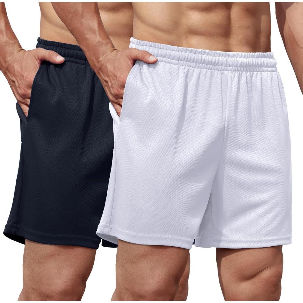 imageCOOFANDY Mens 2 Pack Gym Workout Shorts 5 Inch Mesh Athletic Shorts Quick Dry Running Shorts with PocketsOffwhite Navy Blue