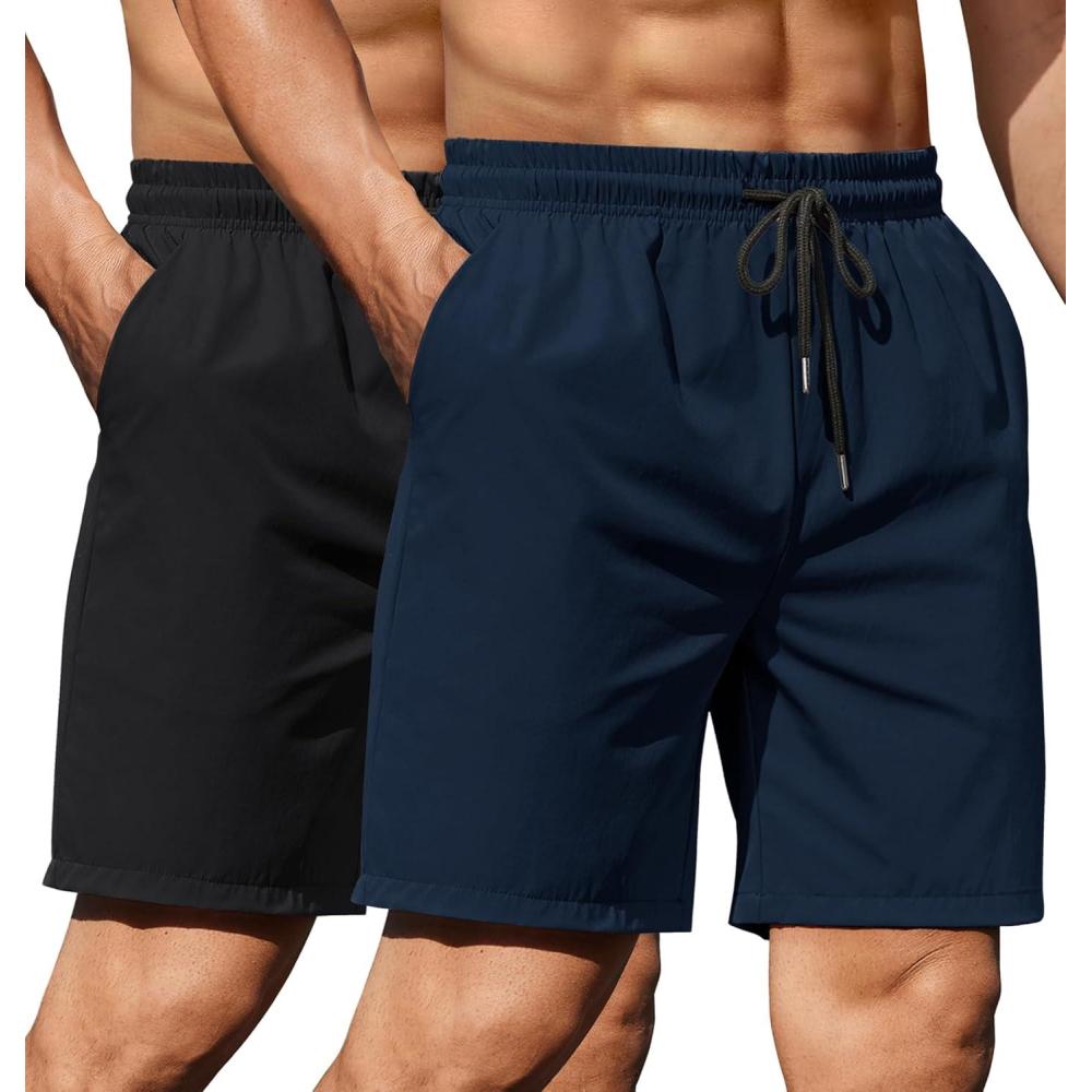 imageCOOFANDY Mens 2 Pack Gym Workout Shorts 7 Inch Lightweight Athletic Shorts Quick Dry Running Shorts with PocketsBlackNavy Blue