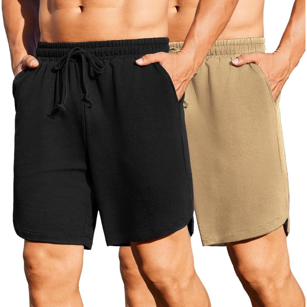 imageCOOFANDY Mens 2 Pack Gym Workout Shorts 7 Inch Quick Dry Athletic Shorts Lightweight Running Shorts with PocketsBlackKhaki