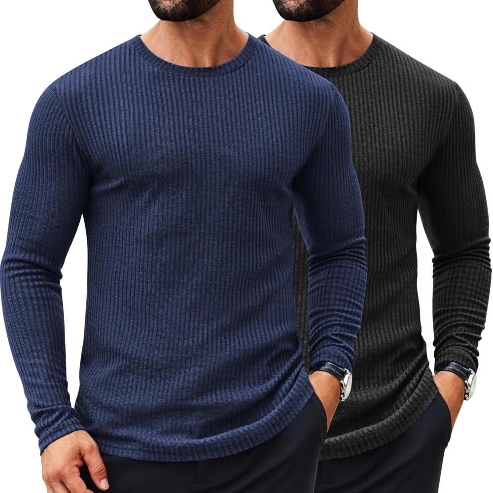 imageCOOFANDY Mens 2 Pack Muscle TShirt Stretch Long Sleeve Gym Workout Bodybuilding Training Tee Shirts Casual Hipster TopsAblackNavy Blue