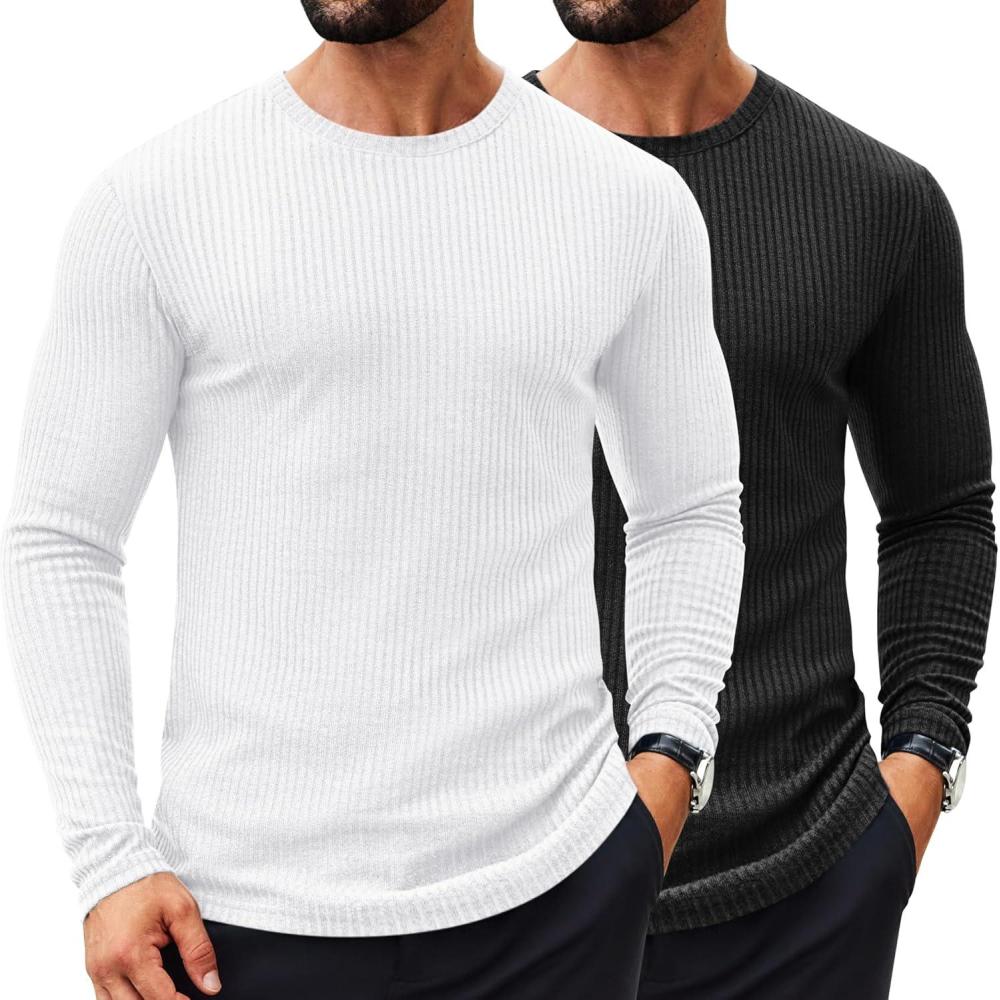 imageCOOFANDY Mens 2 Pack Muscle TShirt Stretch Long Sleeve Gym Workout Bodybuilding Training Tee Shirts Casual Hipster TopsAblackWhite