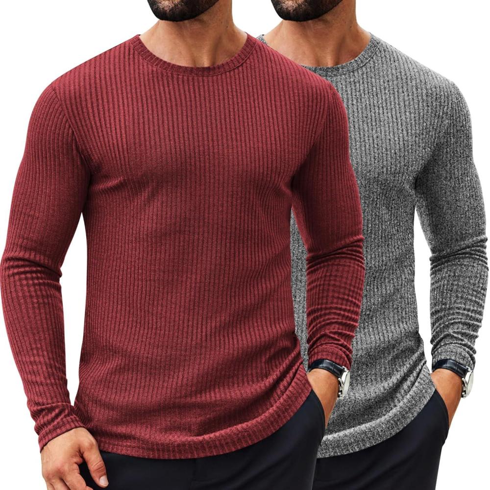 imageCOOFANDY Mens 2 Pack Muscle TShirt Stretch Long Sleeve Gym Workout Bodybuilding Training Tee Shirts Casual Hipster TopsAwine RedDark Grey