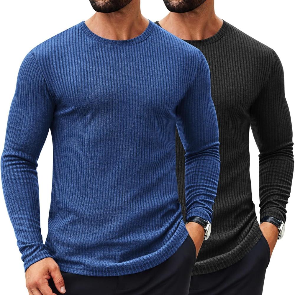 imageCOOFANDY Mens 2 Pack Muscle TShirt Stretch Long Sleeve Gym Workout Bodybuilding Training Tee Shirts Casual Hipster TopsBlackDark Blue