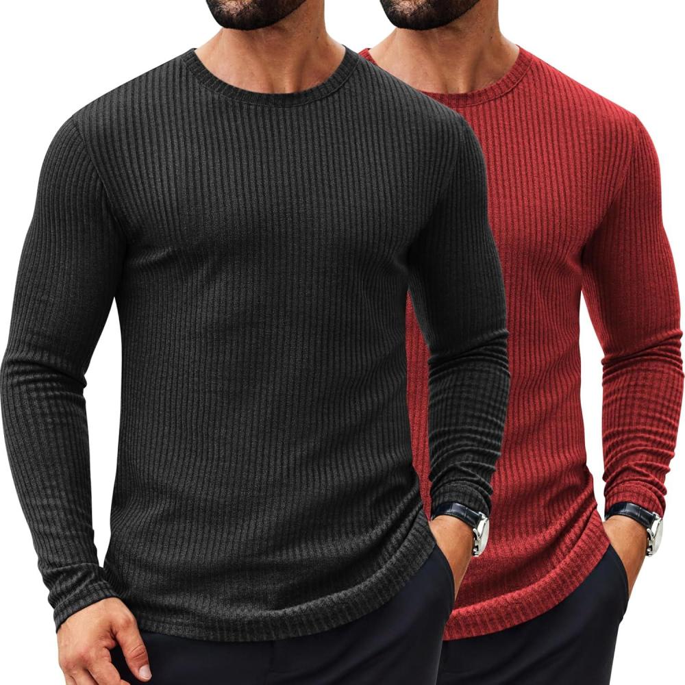 imageCOOFANDY Mens 2 Pack Muscle TShirt Stretch Long Sleeve Gym Workout Bodybuilding Training Tee Shirts Casual Hipster TopsBlackRed