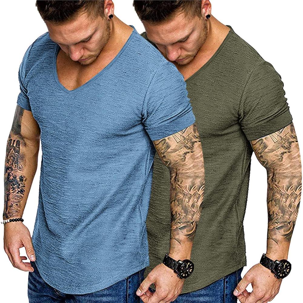 imageCOOFANDY Mens 2 Pack Muscle V Neck T Shirt Fitted Gym Workout Short Sleeve Bodybuilding TeeArmy GreenBlue