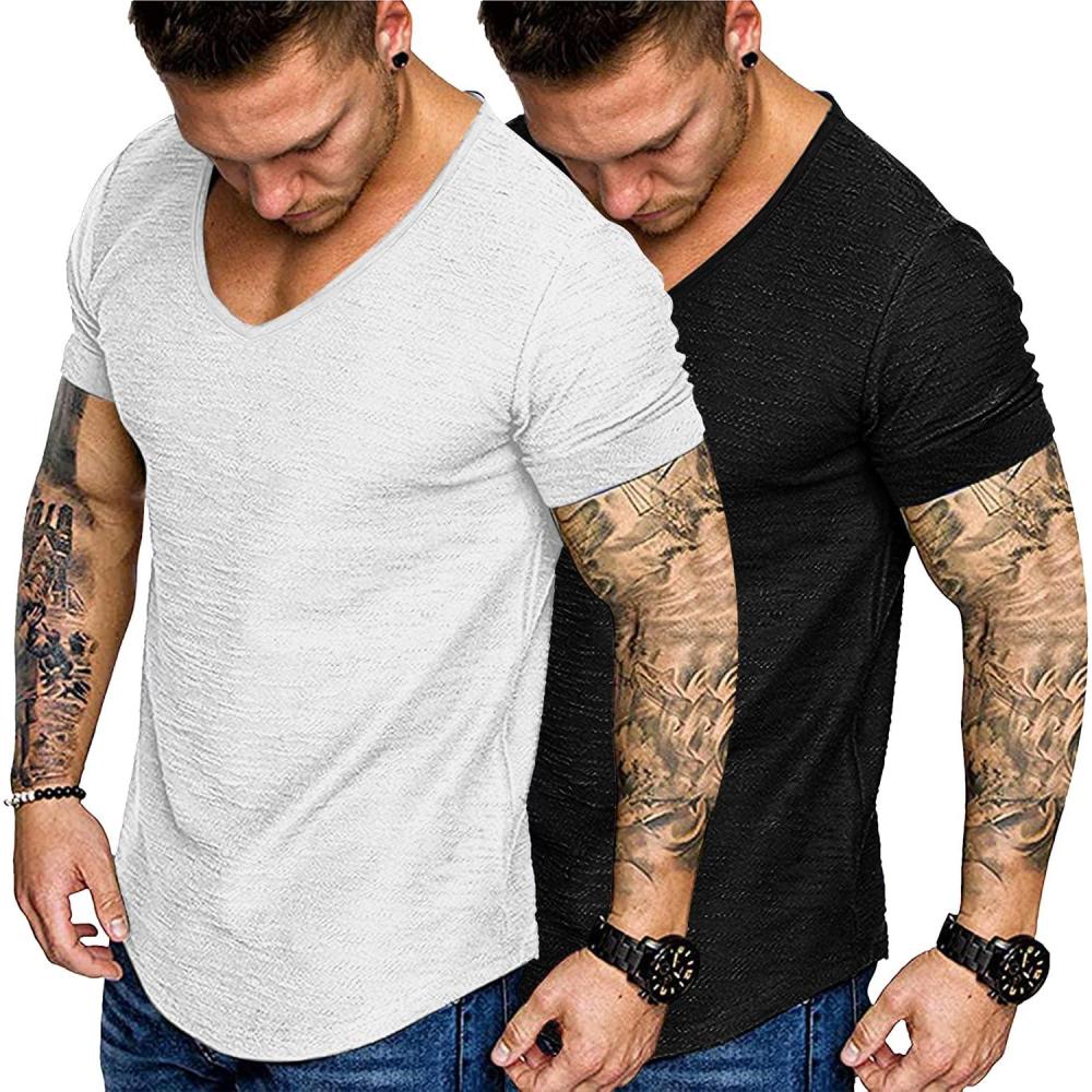 imageCOOFANDY Mens 2 Pack Muscle V Neck T Shirt Fitted Gym Workout Short Sleeve Bodybuilding TeeBlack Whitev Neck