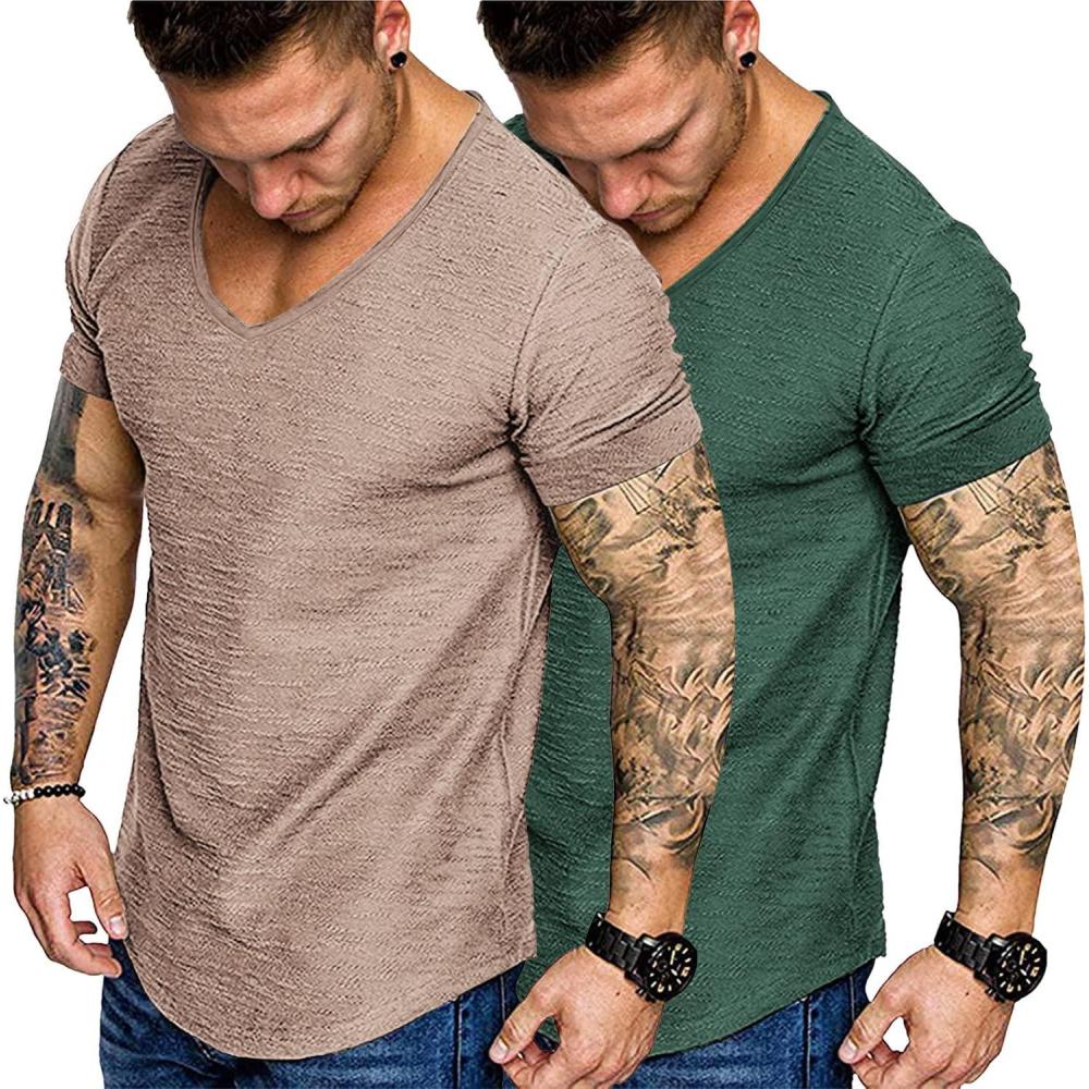 imageCOOFANDY Mens 2 Pack Muscle V Neck T Shirt Fitted Gym Workout Short Sleeve Bodybuilding TeeDark GreenKhaki