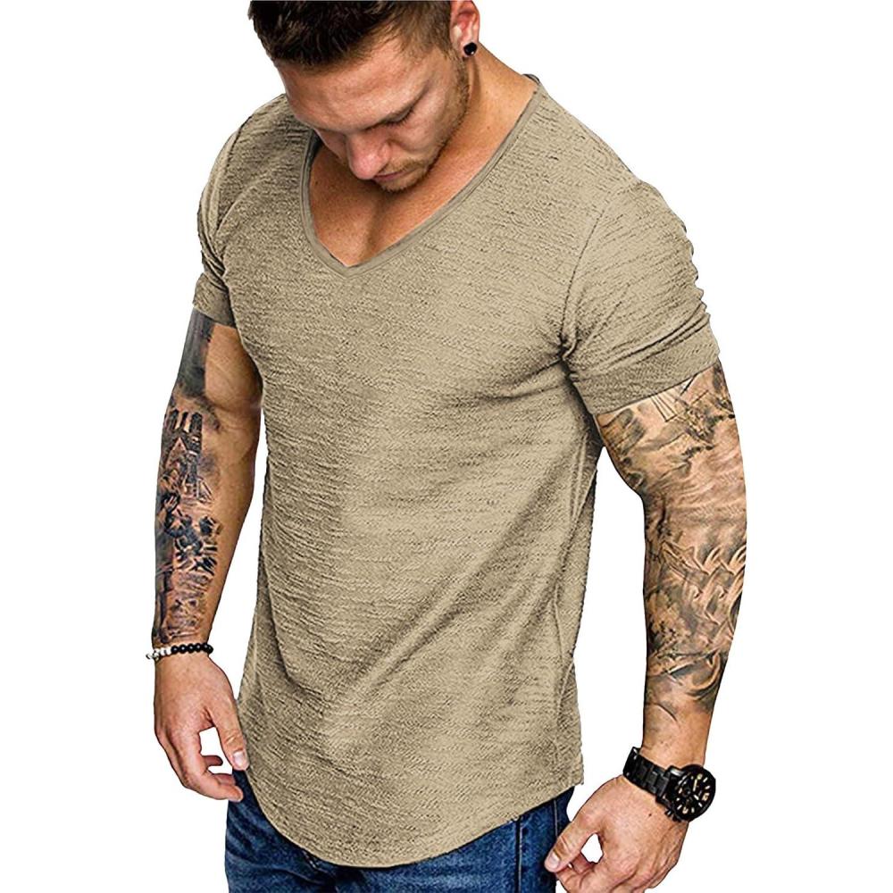 imageCOOFANDY Mens 2 Pack Muscle V Neck T Shirt Fitted Gym Workout Short Sleeve Bodybuilding TeeLight Khaki