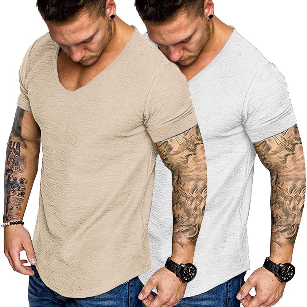 imageCOOFANDY Mens 2 Pack Muscle V Neck T Shirt Fitted Gym Workout Short Sleeve Bodybuilding TeeWhite Light Khaki