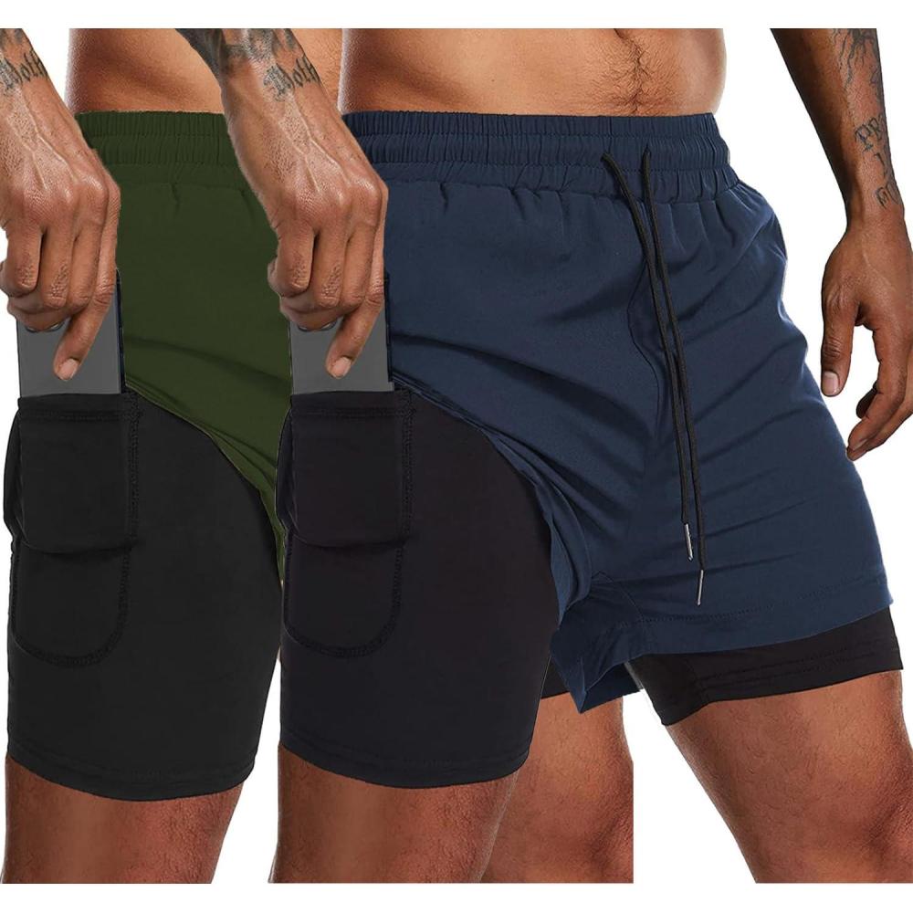 imageCOOFANDY Mens 2 Pack Running Shorts 2 in 1 Workout Shorts Quick Dry Gym Training Athletic Jogger with Phone Pockets2pack Army Greennavy Blue