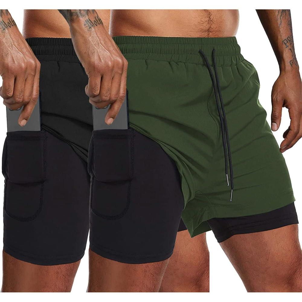 imageCOOFANDY Mens 2 Pack Running Shorts 2 in 1 Workout Shorts Quick Dry Gym Training Athletic Jogger with Phone Pockets2pack Blackarmy Green