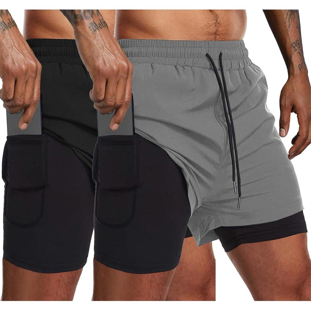 imageCOOFANDY Mens 2 Pack Running Shorts 2 in 1 Workout Shorts Quick Dry Gym Training Athletic Jogger with Phone Pockets2pack Blacklight Grey