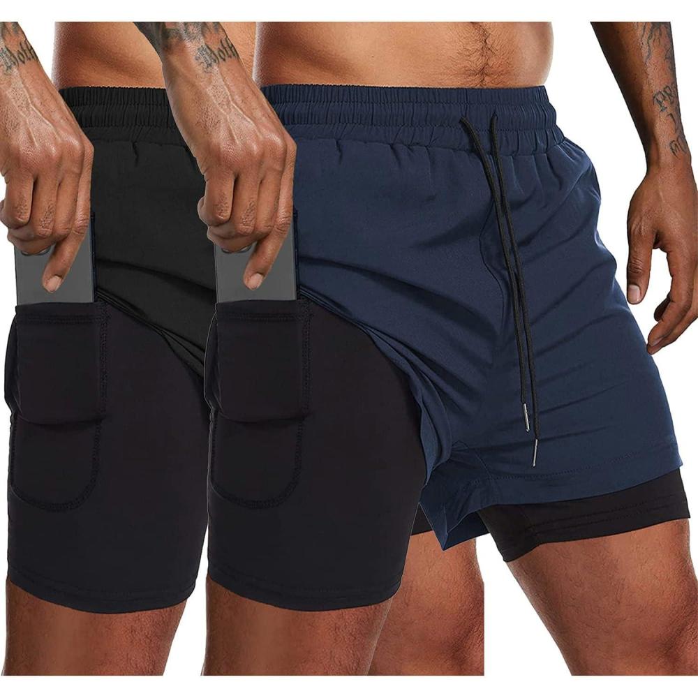 imageCOOFANDY Mens 2 Pack Running Shorts 2 in 1 Workout Shorts Quick Dry Gym Training Athletic Jogger with Phone Pockets2pack Blacknavy Blue