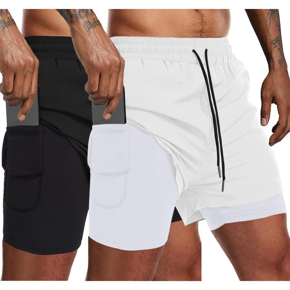 imageCOOFANDY Mens 2 Pack Running Shorts 2 in 1 Workout Shorts Quick Dry Gym Training Athletic Jogger with Phone Pockets2pack Blackwhite
